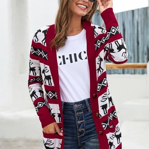 Red Christmas Elk Print Buttoned V Neck Knitted Sweater - Picture 5 of 11